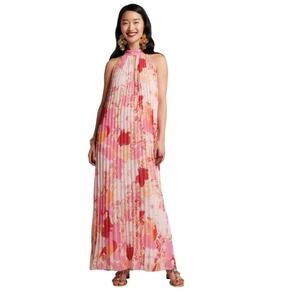 Frances Valentine Slim Pleated Wild Tulip Maxi Halter Dress Floral Medium